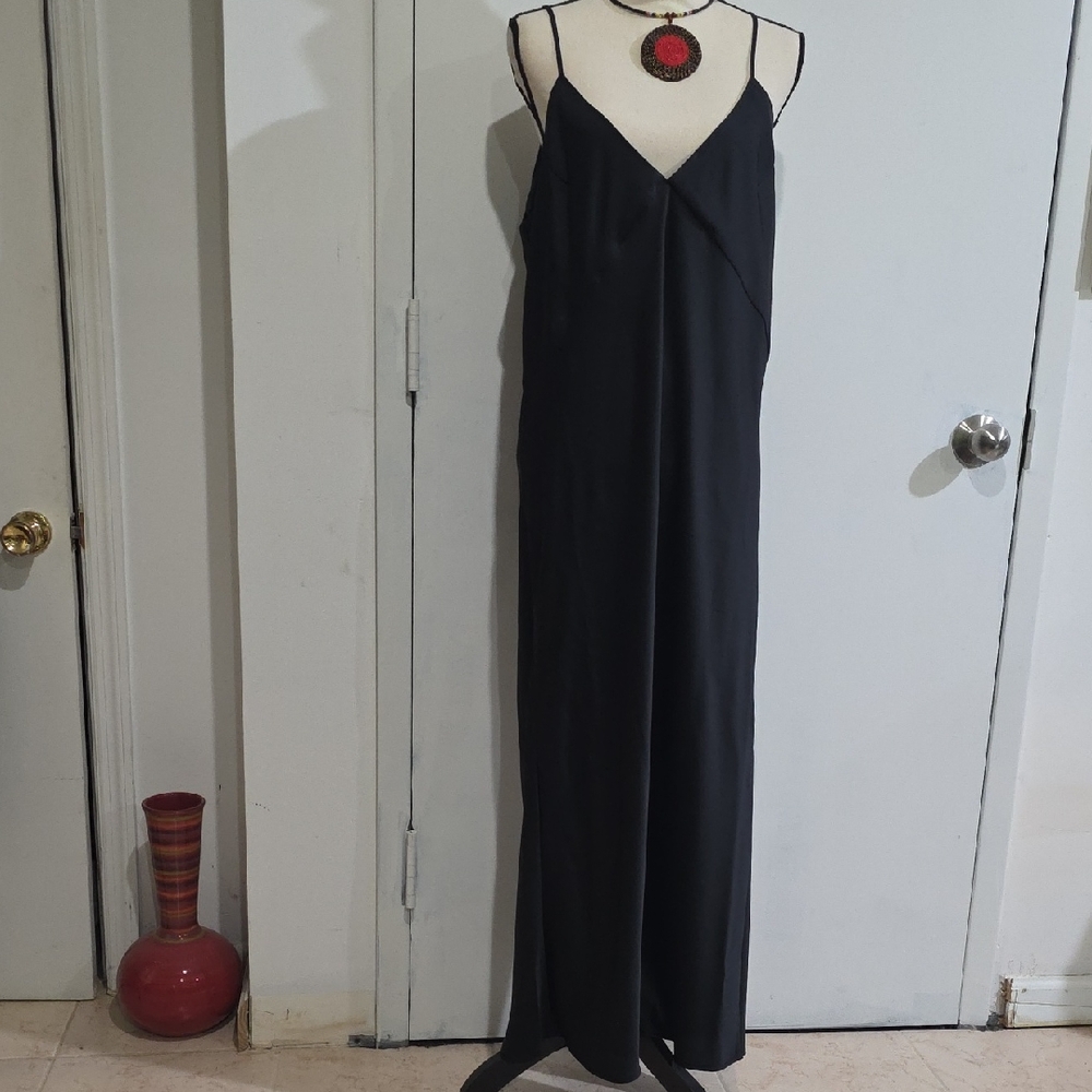 a new day Black Satin Slip Maxi Dress with V-Neck